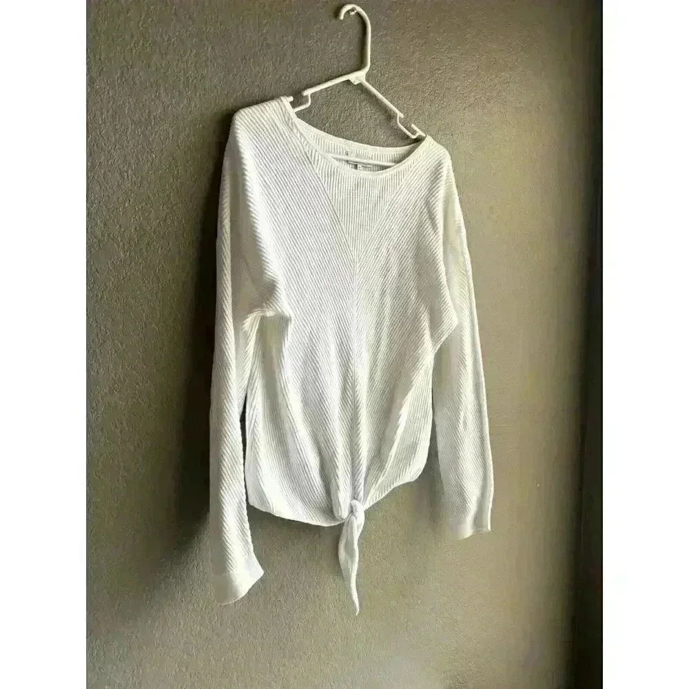 Lucky Brand Women’s Med White Ribbed Knit Knot Front‎ Long Sleeves Sweater